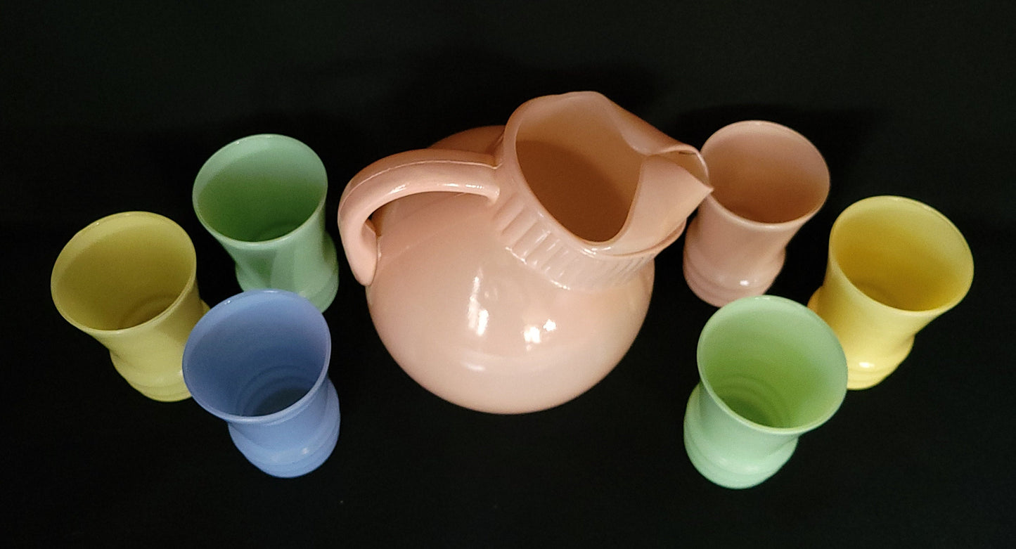 Anchor Hocking Pastel Tilt Ball Jug & Juice Glasses/ Vintage 1950's Drinkware/ Anchor Hocking Kitchiana Glassware