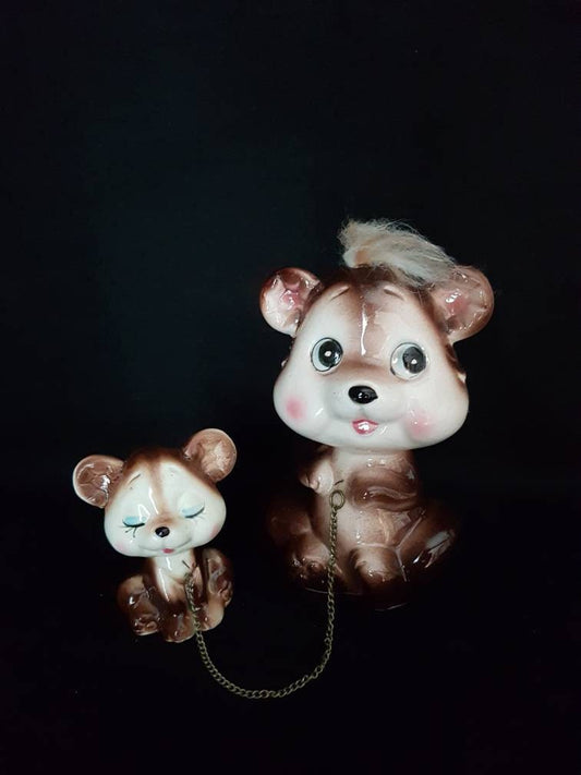 Vintage Bear & Cub Anthropomorphic Chain Family/ Kitschy 1950's Ceramic Animal Collectible/ Fur Hair Bear and Baby