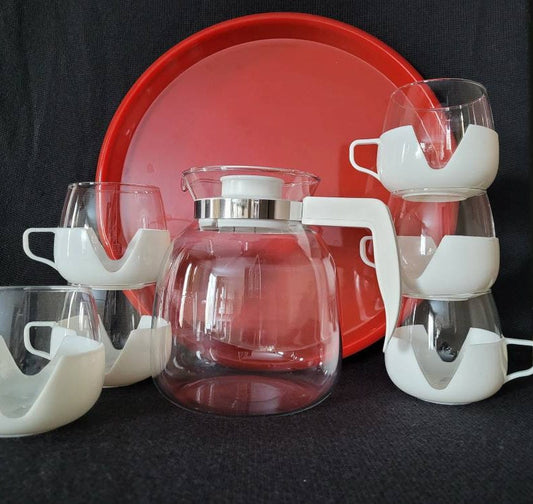 Vintage Dutch Glass & Plastic Serving Set/ Mid Century Modern Kitchenware/ Retro 1970 Mugs and Carafe