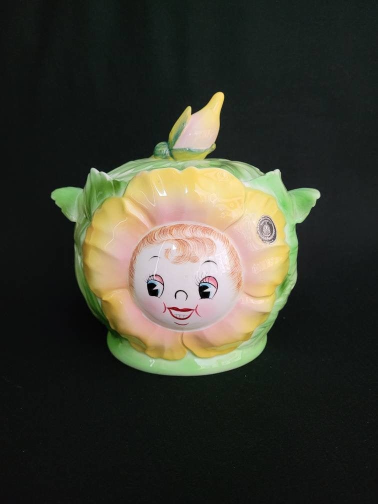 Cabbage Rose Flower Face Cookie Jar/ 1950's Cookie Jar Collectible/ Vintage PY Cabbage Rose  Cookie Jar