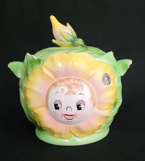 Cabbage Rose Flower Face Cookie Jar/ 1950's Cookie Jar Collectible/ Vintage PY Cabbage Rose  Cookie Jar