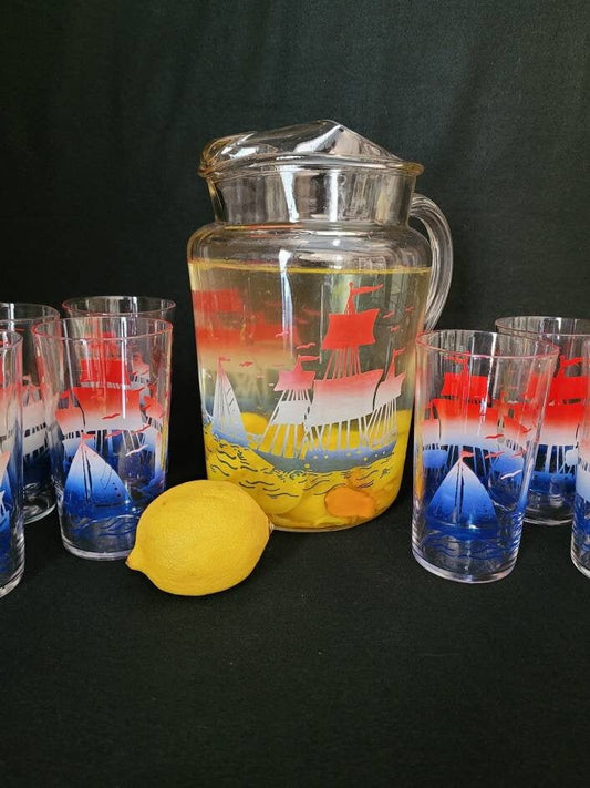 Vintage Nautical Theme Juice Pitcher Set/ Vintage 1950's Kitchen Drink-ware/ Retro Graphic Pitcher & Tumbler