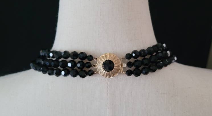 Triple Strand Black Glass Facetted Beaded Necklace/ Vintage French Jet Necklace/ 1950's Black Statement Necklace