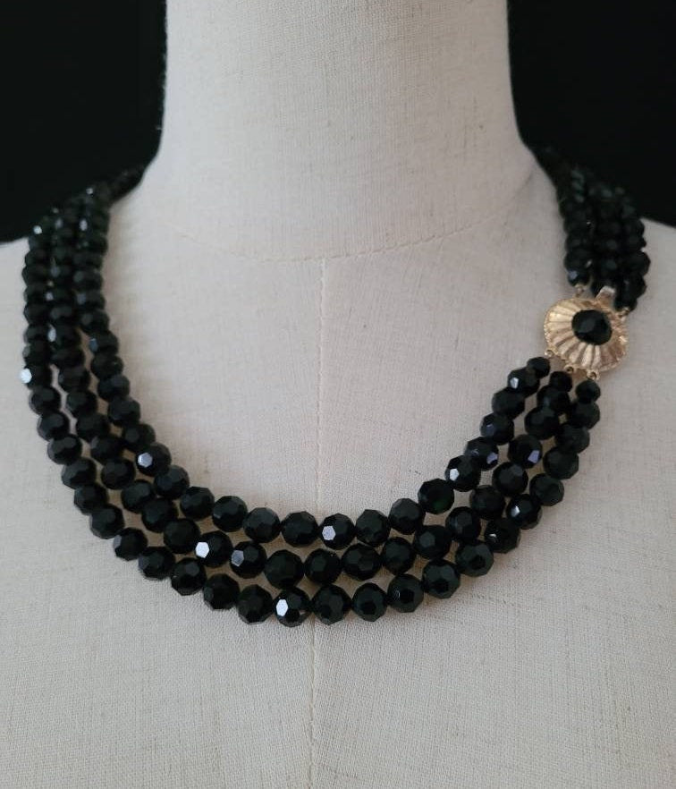 Triple Strand Black Glass Facetted Beaded Necklace/ Vintage French Jet Necklace/ 1950's Black Statement Necklace