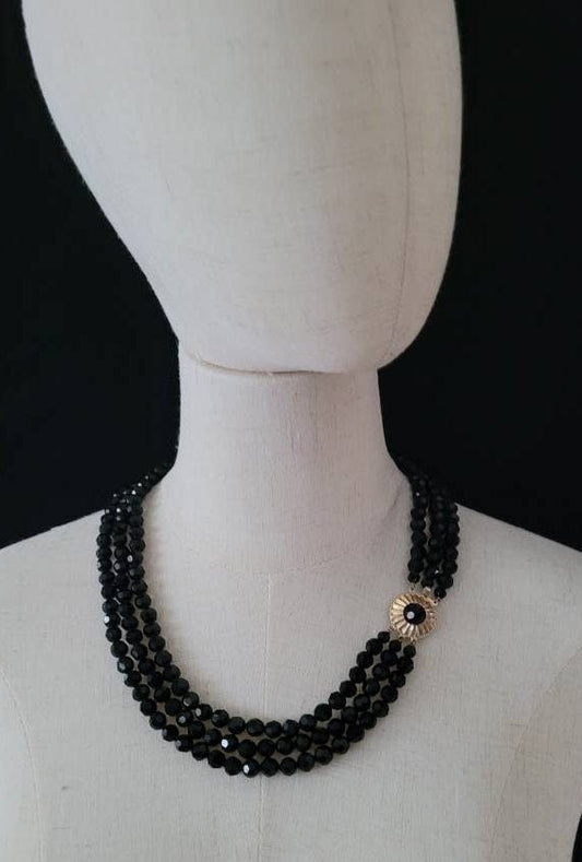 Triple Strand Black Glass Facetted Beaded Necklace/ Vintage French Jet Necklace/ 1950's Black Statement Necklace