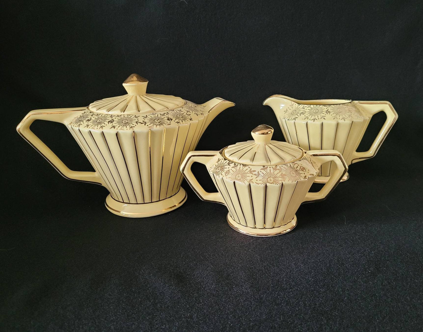 Sadler Art Deco Teapot Cream & Sugar/ Collectible Sadler 1940's Tea Set/ Vintage 1940's Hostess Serving Tea Set