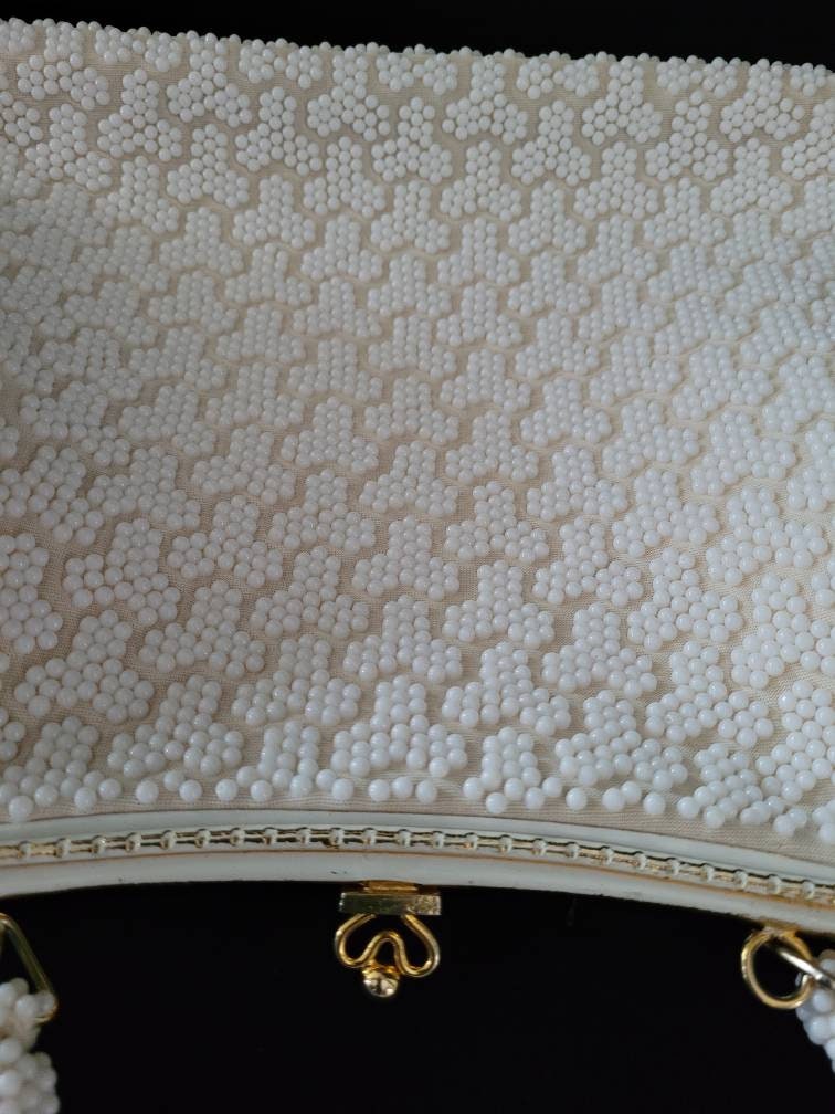 Vintage White Beaded Handbag/ Rockabilly Top Handle Purse/ Mid Century Fashion Accessory