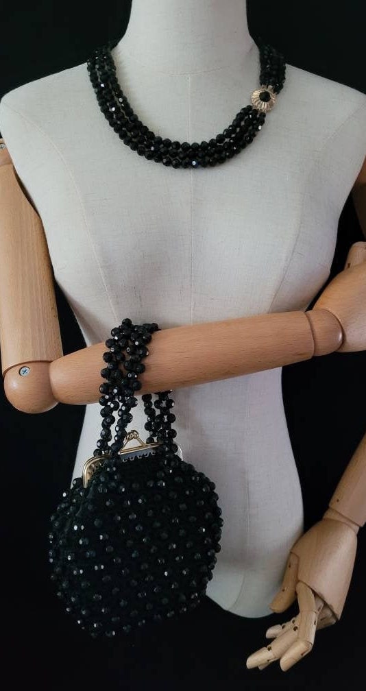 Triple Strand Black Glass Facetted Beaded Necklace/ Vintage French Jet Necklace/ 1950's Black Statement Necklace