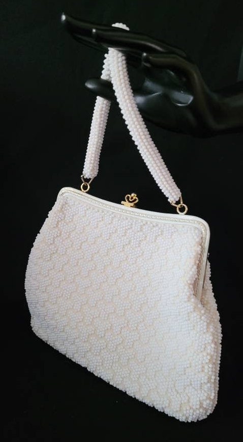 Vintage White Beaded Handbag/ Rockabilly Top Handle Purse/ Mid Century Fashion Accessory