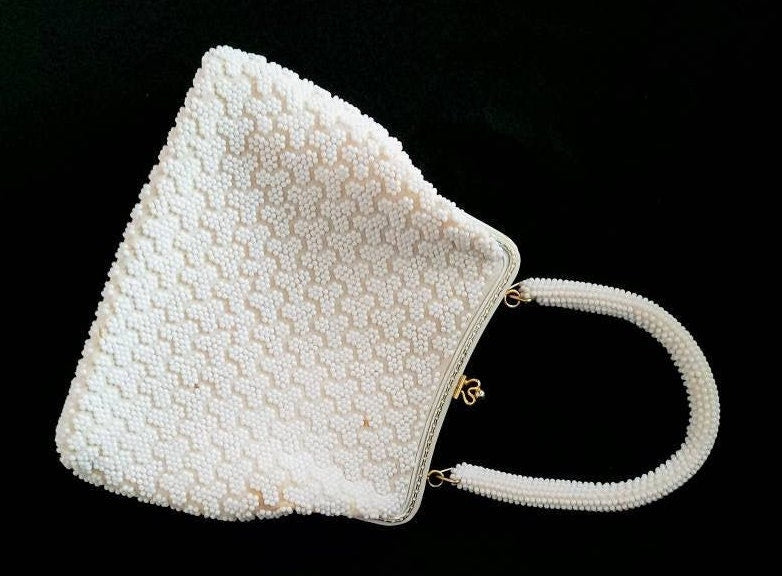 Vintage White Beaded Handbag/ Rockabilly Top Handle Purse/ Mid Century Fashion Accessory