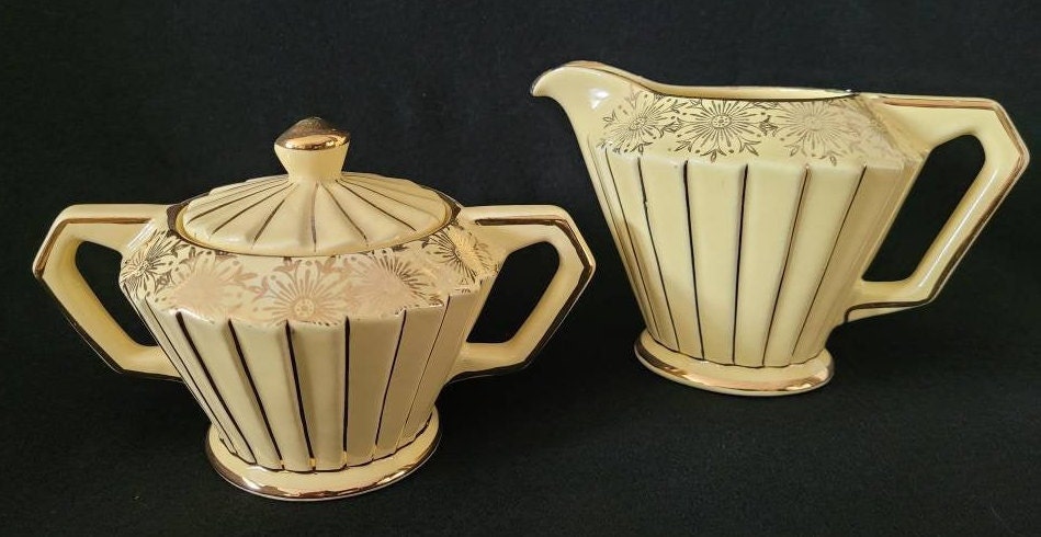 Sadler Art Deco Teapot Cream & Sugar/ Collectible Sadler 1940's Tea Set/ Vintage 1940's Hostess Serving Tea Set