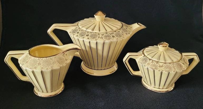 Sadler Art Deco Teapot Cream & Sugar/ Collectible Sadler 1940's Tea Set/ Vintage 1940's Hostess Serving Tea Set