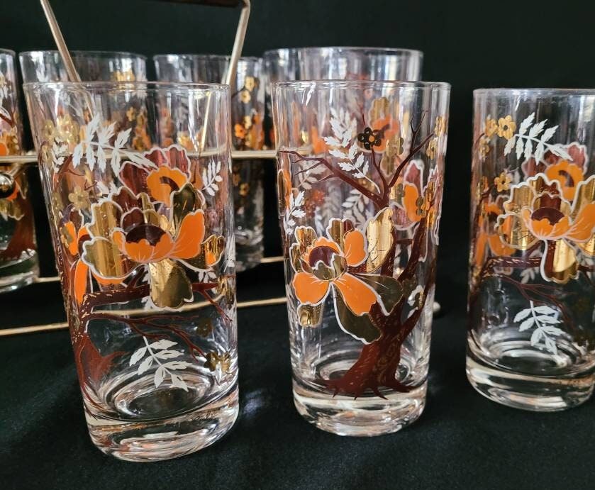 Culver Asian Lotus Tree Highball Tumbler with Caddy/ Culver Mid Century Modern Barware