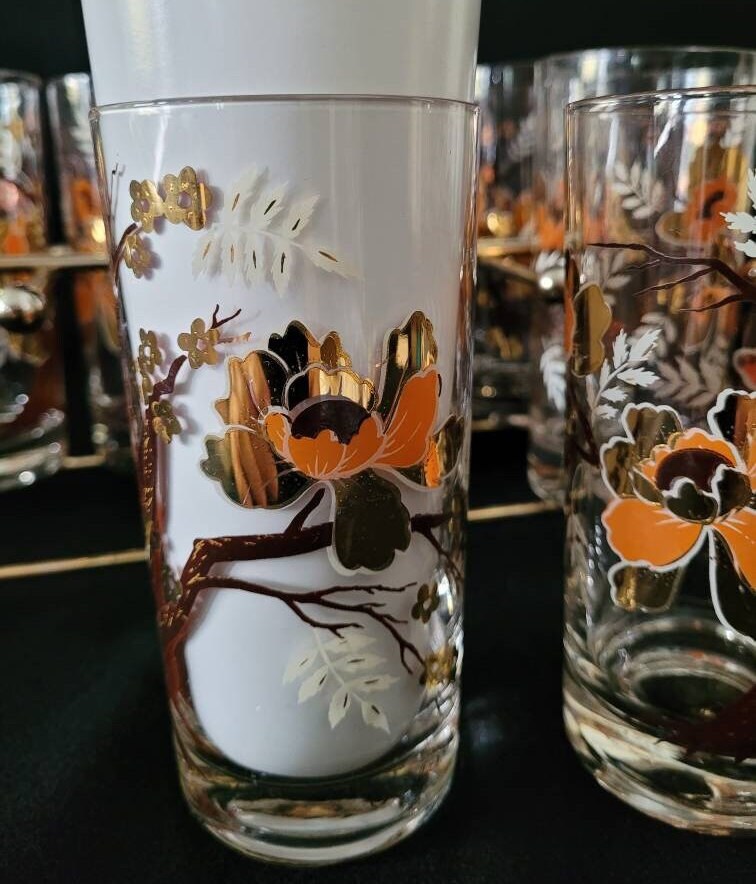 Culver Asian Lotus Tree Highball Tumbler with Caddy/ Culver Mid Century Modern Barware