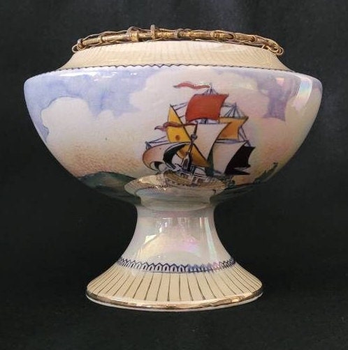 Antique Coronet English Art Pottery/ Coronet Mailing Co Three Ships Sailing Lusterware Flower Frog