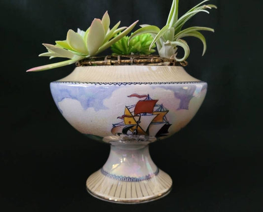 Antique Coronet English Art Pottery/ Coronet Mailing Co Three Ships Sailing Lusterware Flower Frog