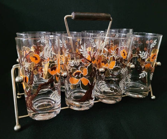 Culver Asian Lotus Tree Highball Tumbler with Caddy/ Culver Mid Century Modern Barware