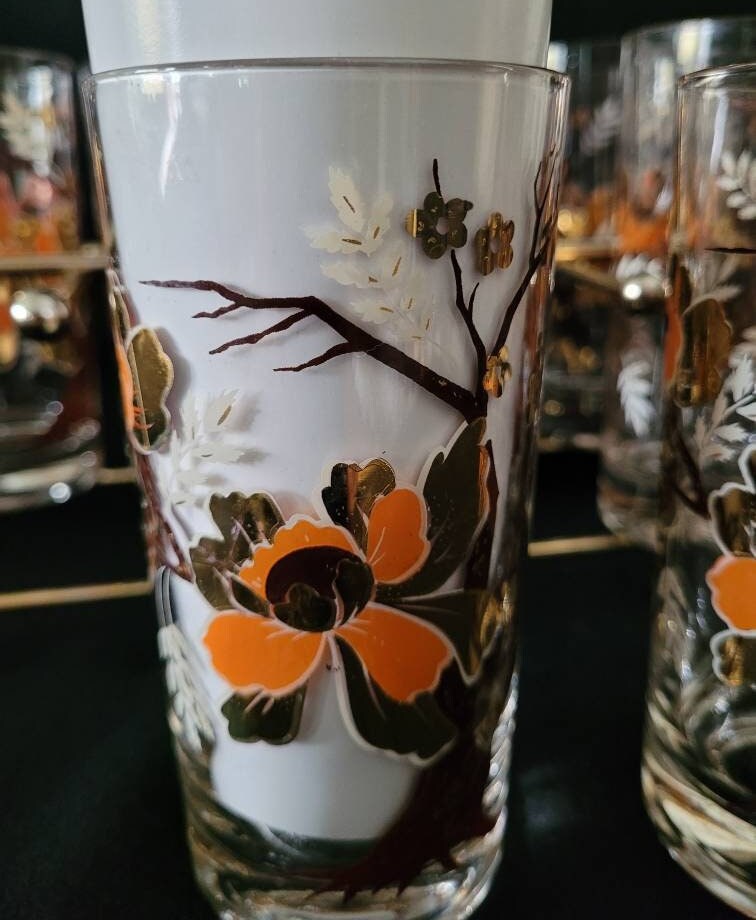 Culver Asian Lotus Tree Highball Tumbler with Caddy/ Culver Mid Century Modern Barware