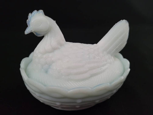 Vallerysthal Hen on Nest Salt Dip/ French Antique Glass/ Antique Opaline Glass Hen on Nest Salt Cellar