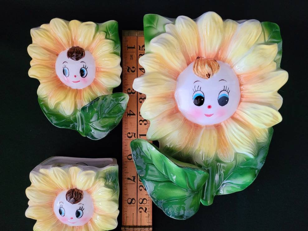 1950 PY Sunflower Wall Pockets/ Anthropomorphic Sunflower Collectible/ Mid Century Kitsch Wall Decor