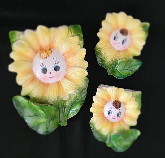 1950 PY Sunflower Wall Pockets/ Anthropomorphic Sunflower Collectible/ Mid Century Kitsch Wall Decor