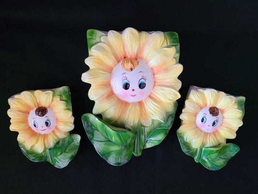 1950 PY Sunflower Wall Pockets/ Anthropomorphic Sunflower Collectible/ Mid Century Kitsch Wall Decor