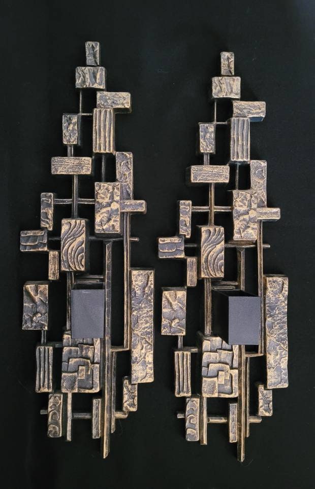 Brutalist Syroco Mirror & Candle Sconce Set/ Mid Century Wall Decor/ Modernist Sculpture Carl Jere Style