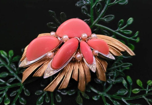 Marcel Boucher High Dome Statement Brooch/ Bullet Cabochon Faux Coral Brooch/ Vintage Designer Marcel Boucher Jewelry