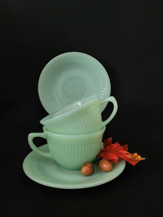 Fire King Jadeite Jane Ray Teacup & Saucer/ Vintage Kitchen Glass Collectible/ 1950's Jadeite Teacup and Saucer