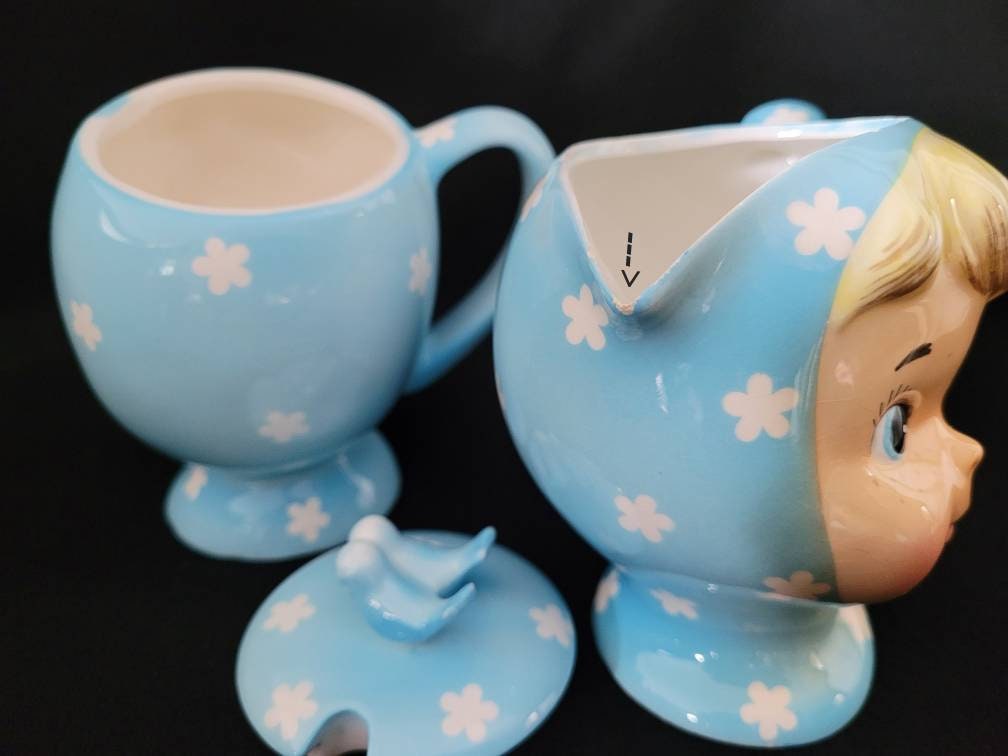 Miss Cutie Pie Blue Cream & Sugar/ Napco 1950 Miss Cutie Pie Collectible/ Retro Character Kitchen Service-ware