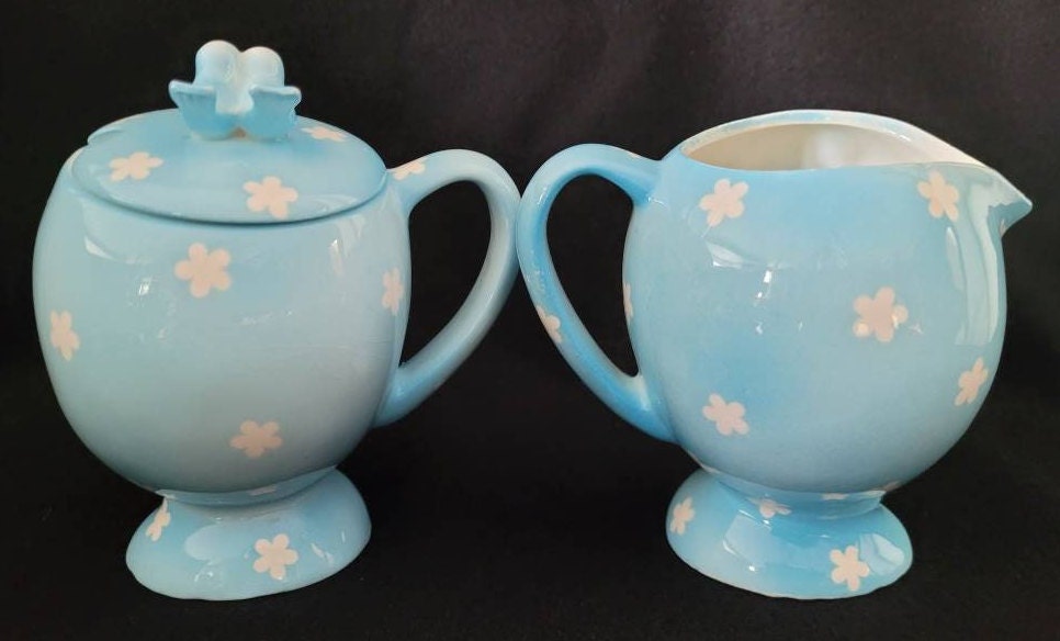 Miss Cutie Pie Blue Cream & Sugar/ Napco 1950 Miss Cutie Pie Collectible/ Retro Character Kitchen Service-ware