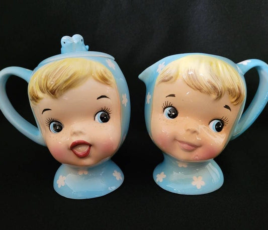 Miss Cutie Pie Blue Cream & Sugar/ Napco 1950 Miss Cutie Pie Collectible/ Retro Character Kitchen Service-ware