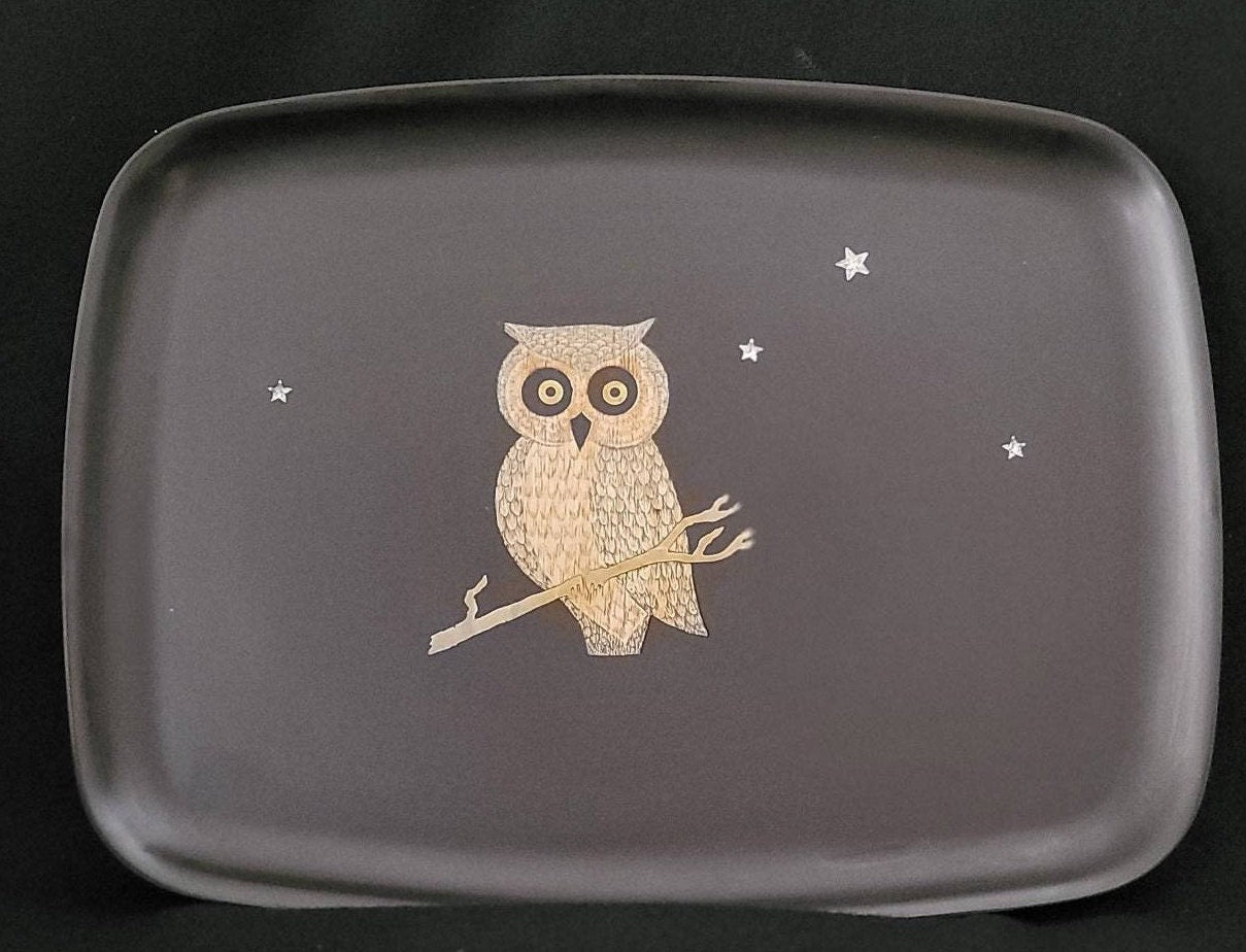 Couroc Owl Serving Tray/ Mid Century COUROC of Monterey Owl with Rhinestone Stars Tray