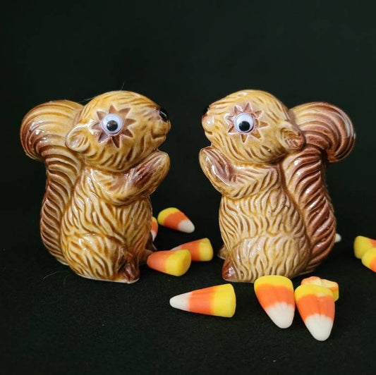 Vintage Googly Eye Squirrel Salt and Pepper Shakers/ Autumn Harvest Tableware Figurine/ Kitschy Salt & Pepper Collectible