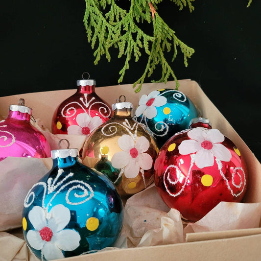 Vintage Glass Christmas Ornaments/ Mid Century Christmas Tree Decor/ East German Mercury Glass Ornaments