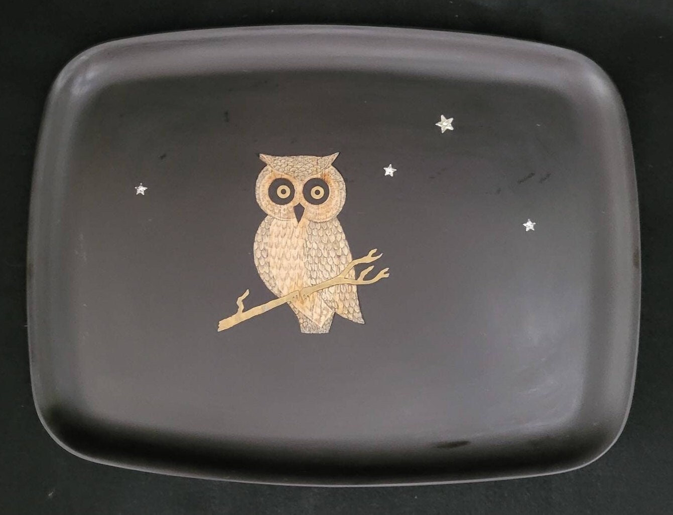 Couroc Owl Serving Tray/ Mid Century COUROC of Monterey Owl with Rhinestone Stars Tray