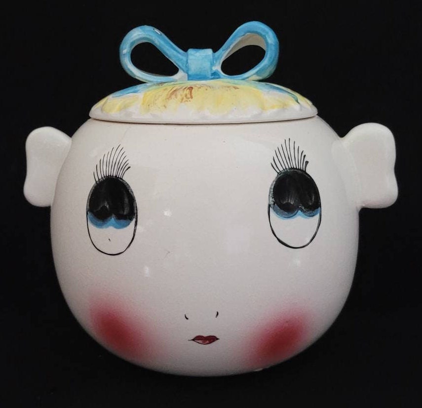 Royal Sealy Big Eyed Cookie Jar/ Mid Century Kitschy Collectible/ Royal Sealy Googly Eye Girl with Blue Bow