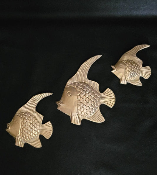 Brass Angelfish Wall Decor/ Vintage Indian Brass Tropical Fish Wall Plaque/ Boho Trio Fish Brass Hanger