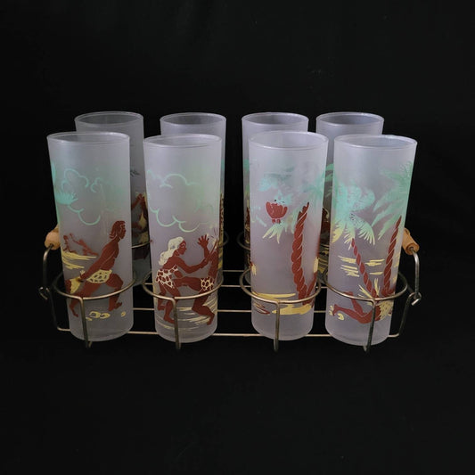 Vintage Federal Cave-Man Zombi Glass & Caddy/ 1950's Merry Maker Set Barware / Federal Novelty Graphic Barware