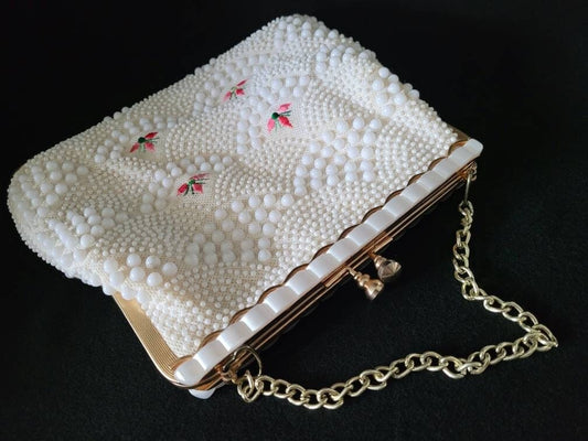 Vintage Ivory White Beaded Clutch/ 1950's White Lumured Beaded Purse/ Rockabilly Fashion Accessory