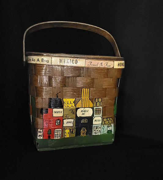 Caro Nan Wooden Basket Box Purse/ Mid Century Painted City Basket Purse/ Vintage Caro Nan Basket Fad Purse