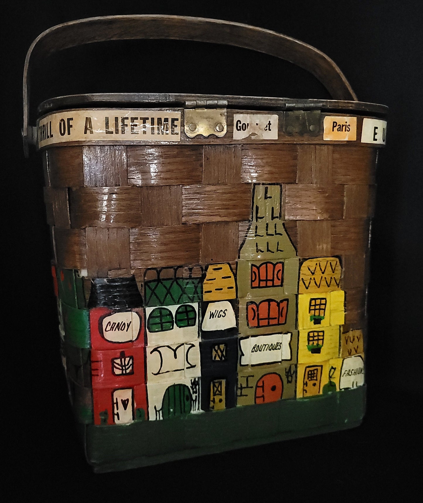 Caro Nan Wooden Basket Box Purse/ Mid Century Painted City Basket Purse/ Vintage Caro Nan Basket Fad Purse