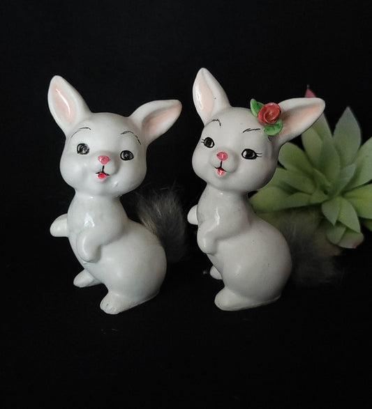 Bunny Rabbit Salt and Pepper Shakers/ Anthropomorphic Bunny Figurine/ Mr. & Mrs. Fur Tail Bunny Shaker Set