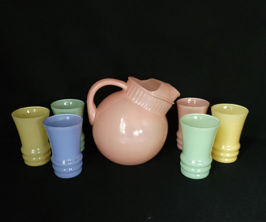 Anchor Hocking Pastel Tilt Ball Jug & Juice Glasses/ Vintage 1950's  Drinkware/  Anchor Hocking Kitchiana Glassware