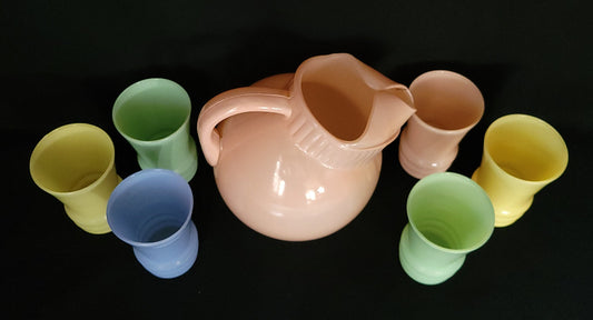 Anchor Hocking Pastel Tilt Ball Jug & Juice Glasses/ Vintage 1950's  Drinkware/  Anchor Hocking Kitchiana Glassware