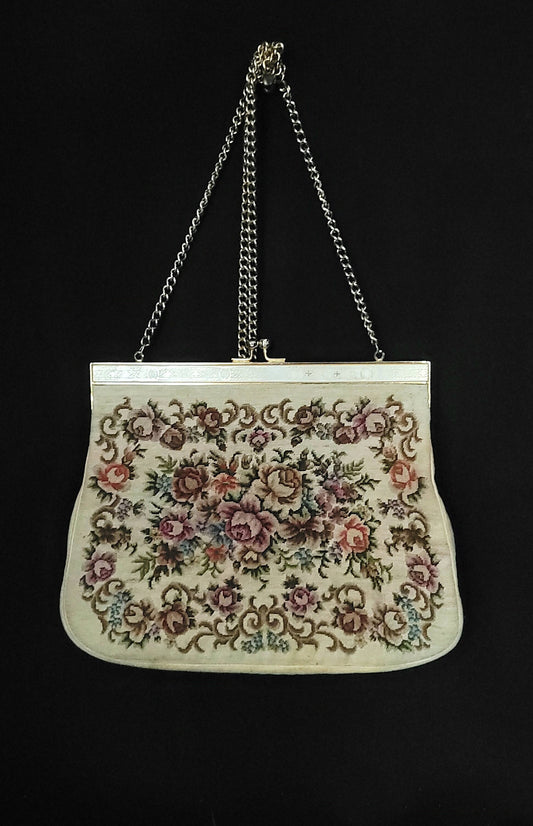 Vintage Floral Tapestry Hand Bag/ Mid Century Fashion Accessory/ 1950's Tapestry Clutch