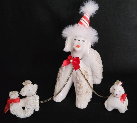 Vintage Lefton Spaghetti Poodle & Pups/ Mid Century French Poodle Collectible Figurine/ 1950's French Poodle Chain Family