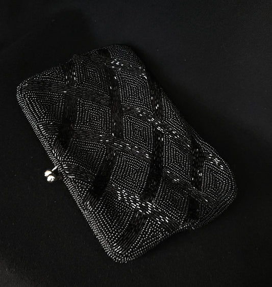 Vintage Black Beaded Handbag/ Mid Century Fashion Accessory/ Black Beaded Embroidery Evening Clutch