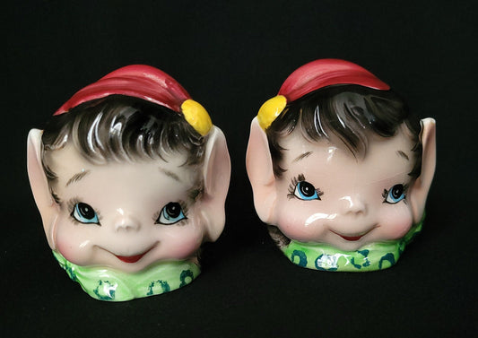 Lefton Holiday Elf Salt & Pepper Set/ HTF Lefton Pixie Collectible/ Vintage Lefton Exclusive Pixie Character