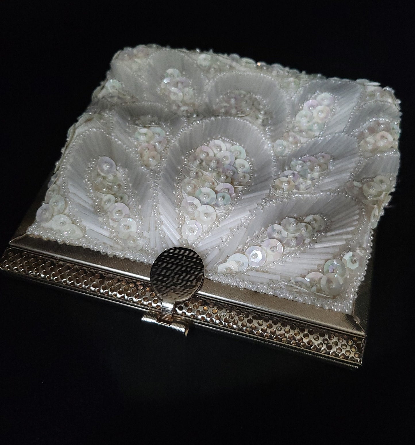 Vintage White Beaded & Sequence Handbag/ 1950 Embroidery Evening Purse/ Mid Century Fashion Accessory